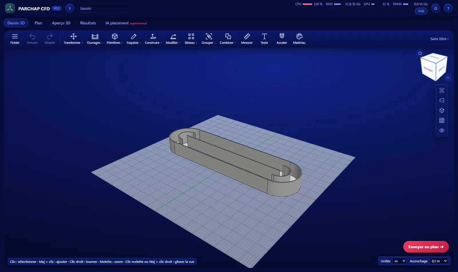 Onglet Dessin 3D de PARCHAP CFD : un chenal d'oxydation modélisé en 3D